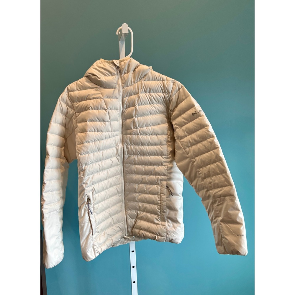Columbia Puffer Jacket Women S Cream Omni-Heat Hooded Quilted Full Zip Coat Cozy